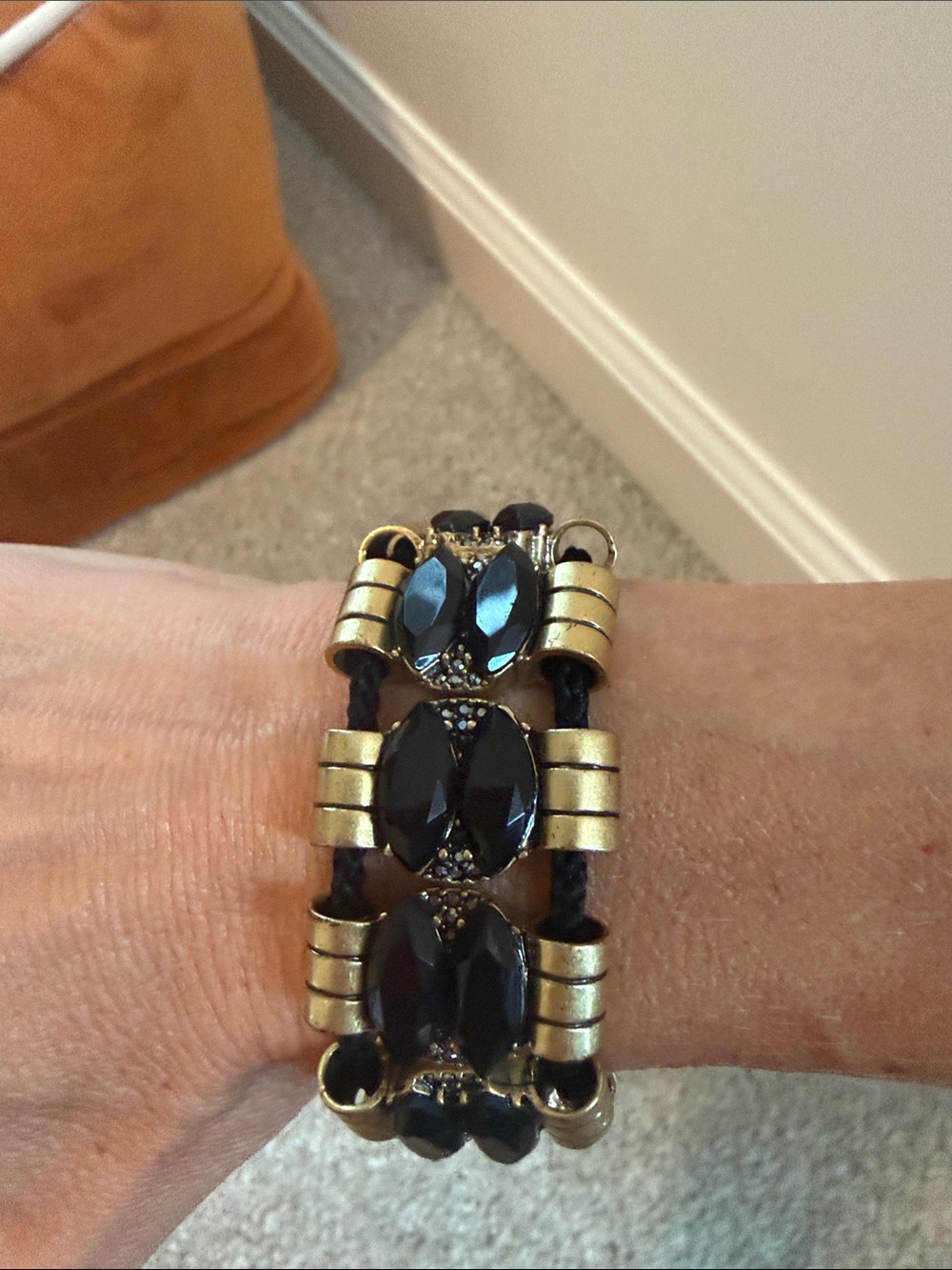 J. Crew Gold-Tone Bracelet with Black Stones on Braided Cord